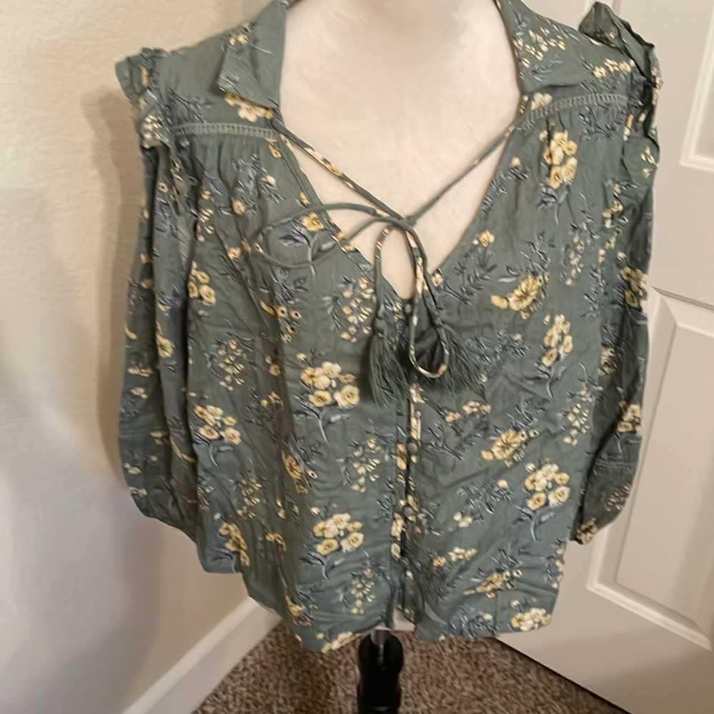 Floral Green Blouse with Yellow Accents
